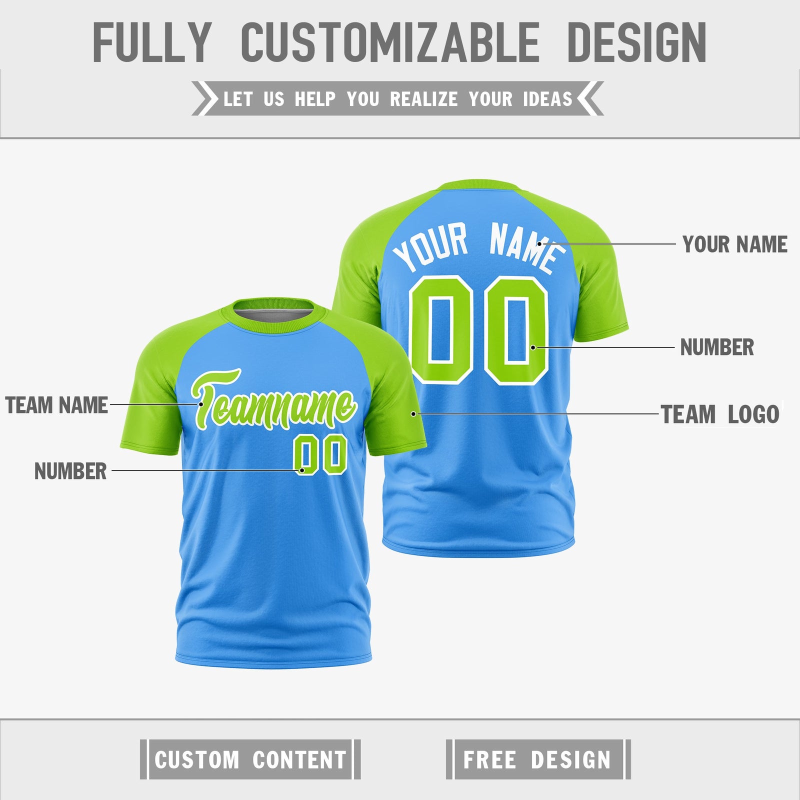 Custom Powder Blue Neon Green White Reversible Raglan Sleeves Quick Dry T-shirt| KXKSHOP
