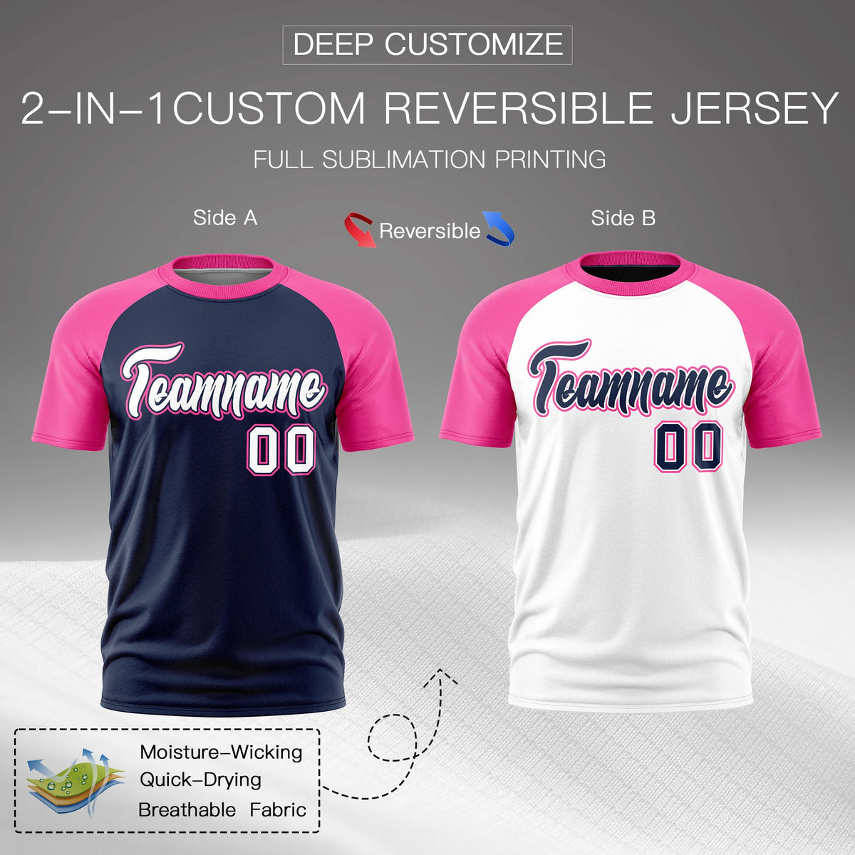 Custom White Pink Navy Reversible Raglan Sleeves Moisture-Wicking T-shirt| KXKSHOP