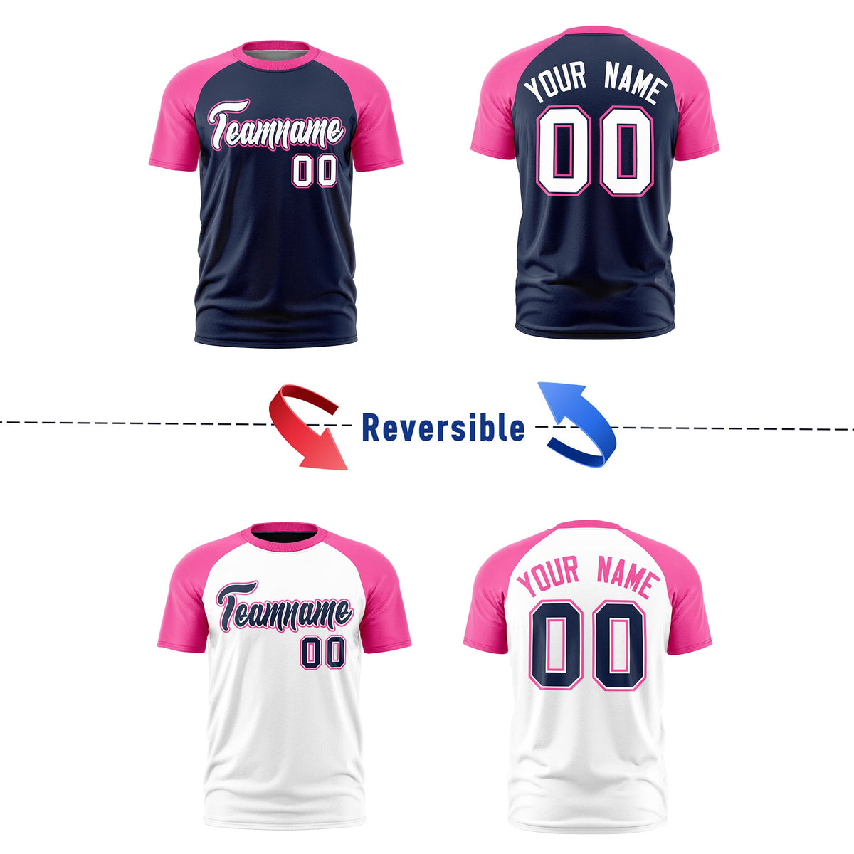 Custom White Pink Navy Reversible Raglan Sleeves Moisture-Wicking T-shirt| KXKSHOP