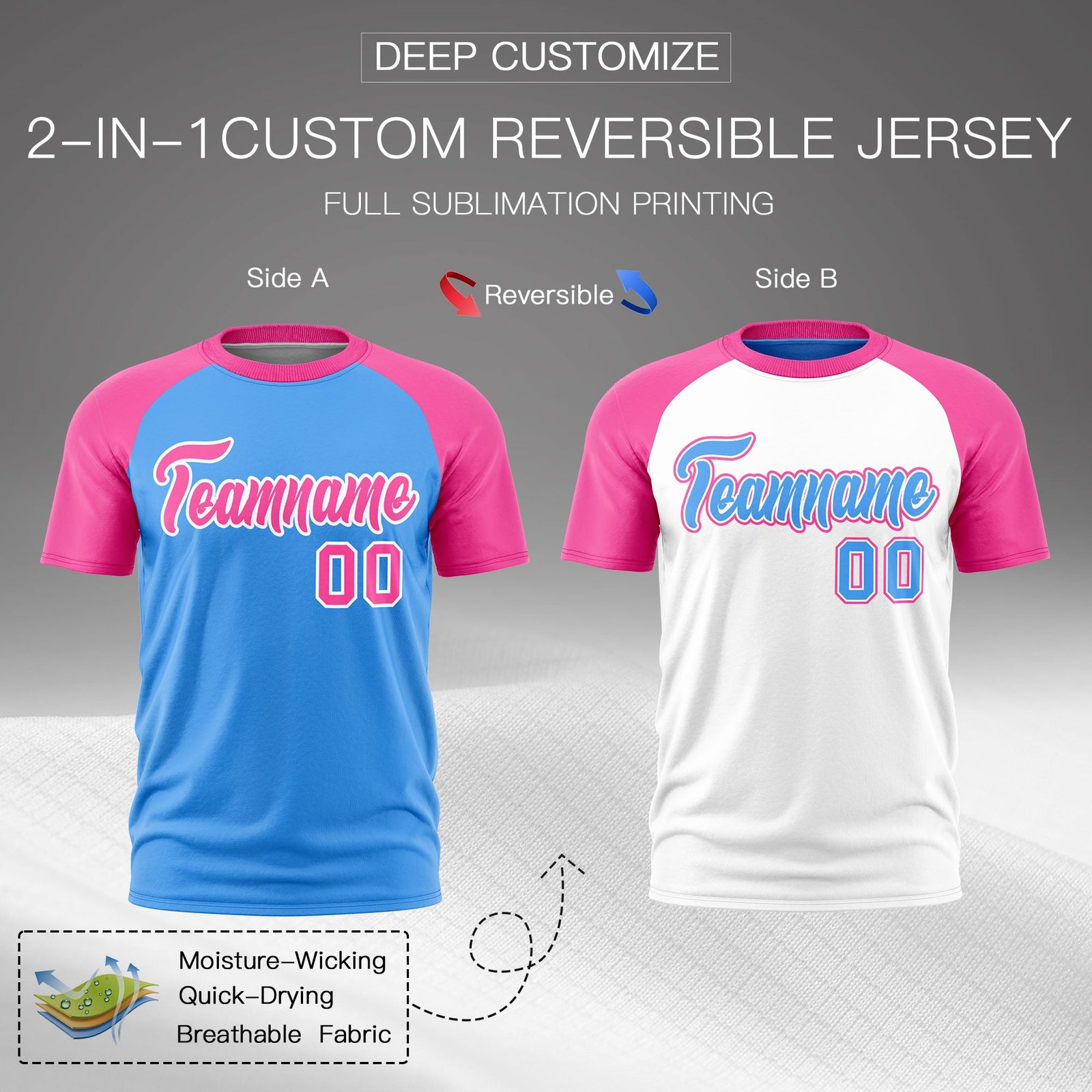 Custom Powder Blue Pink White Reversible Raglan Sleeves Quick Dry T-shirt| KXKSHOP