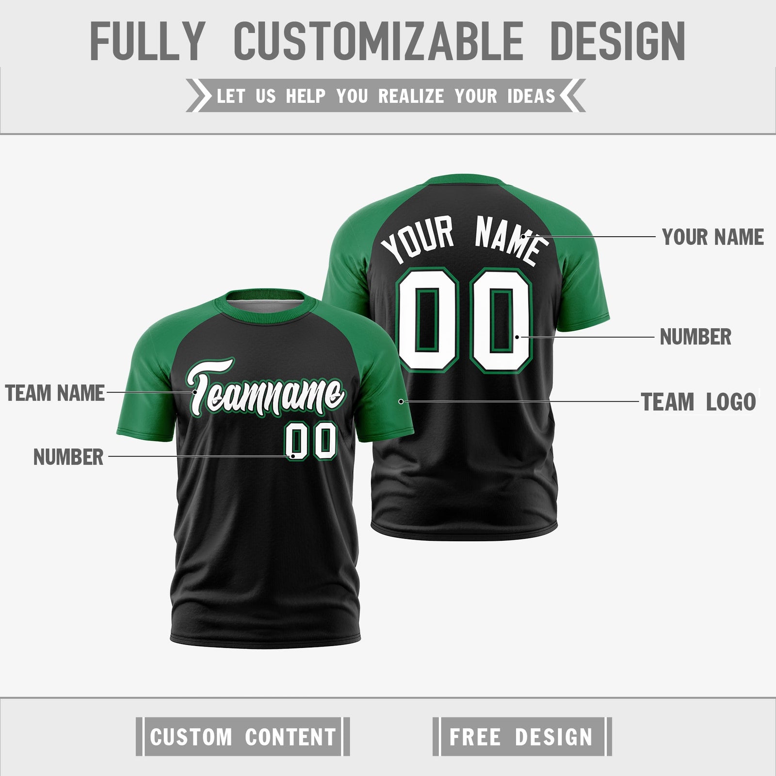 Custom Black Kelly Green White Reversible Raglan Sleeves Moisture-Wicking T-shirt| KXKSHOP