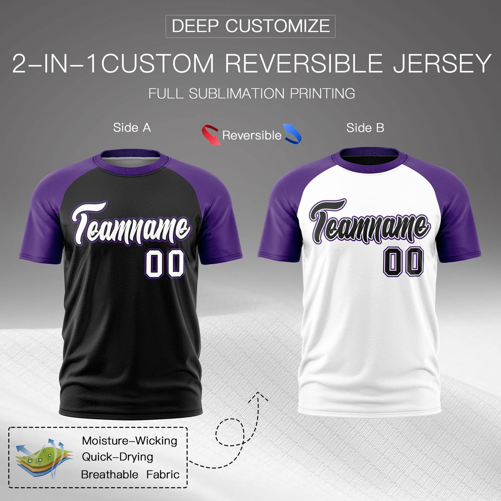 Custom Black Purple White Reversible Raglan Sleeves Moisture-Wicking T-shirt| KXKSHOP