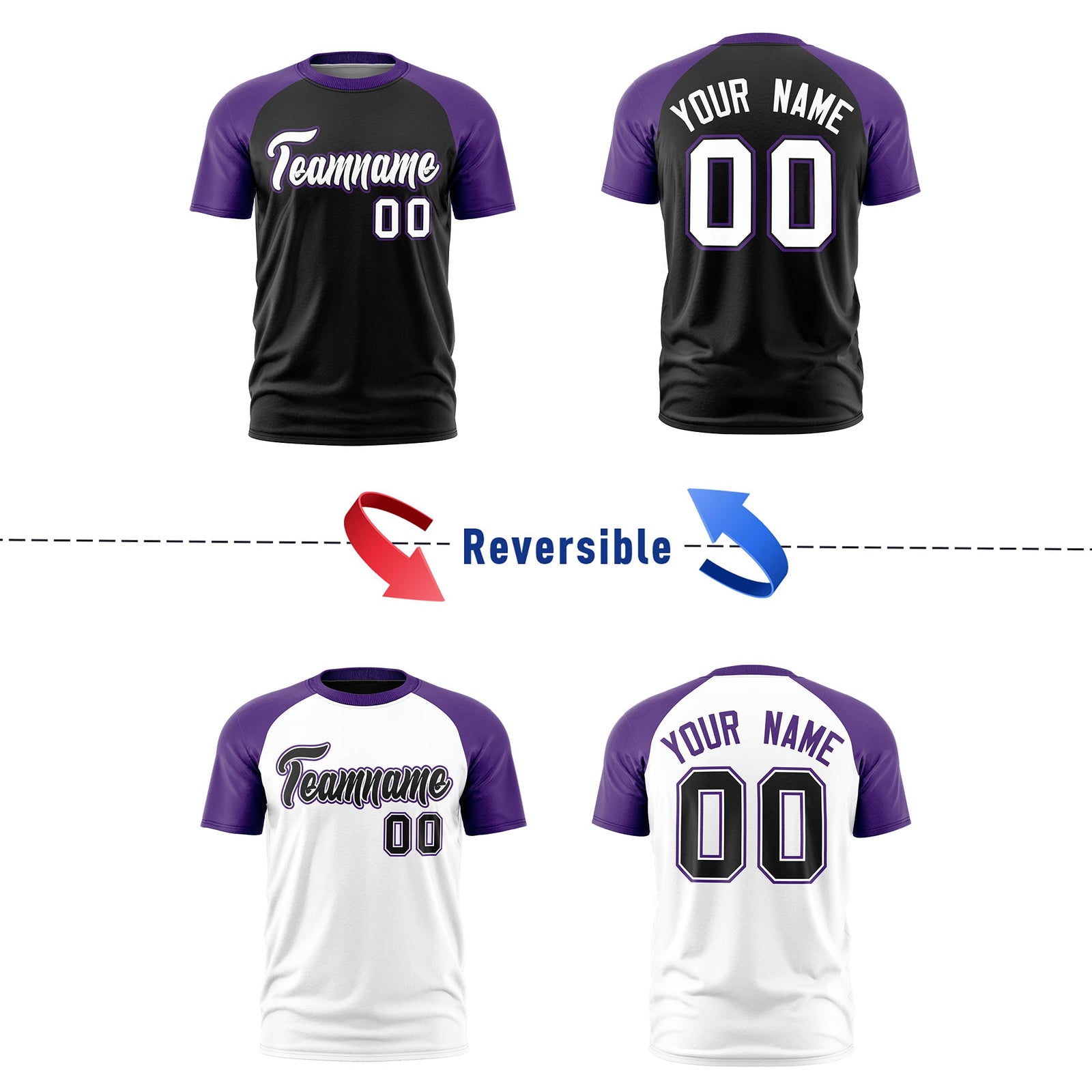 Custom Black Purple White Reversible Raglan Sleeves Moisture-Wicking T-shirt| KXKSHOP