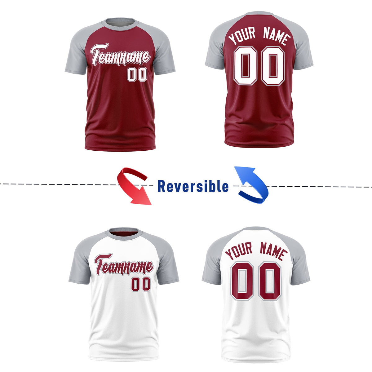Custom Crimson Silver White Reversible Raglan Sleeves Moisture-Wicking T-shirt| KXKSHOP