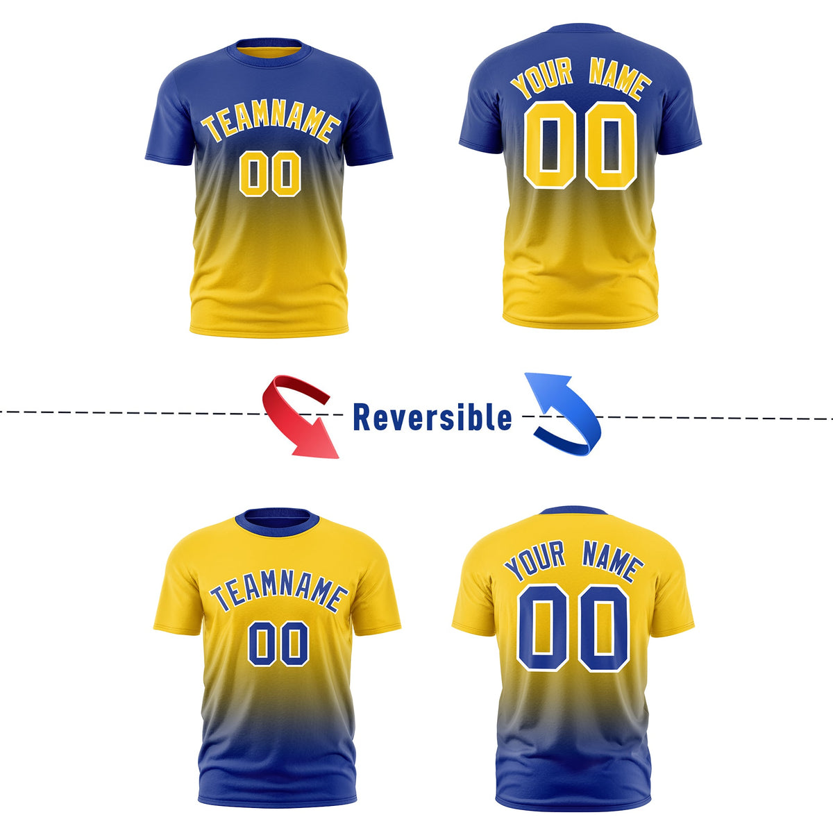 Custom Gold Royal Blue Gradient Fashion Reversible Quick Dry T-shirt| KXKSHOP