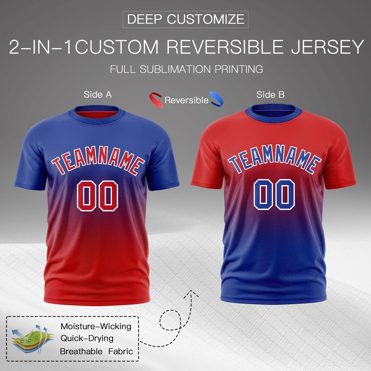 Custom Red Royal Blue Gradient Fashion Reversible Lightweight T-shirt| KXKSHOP