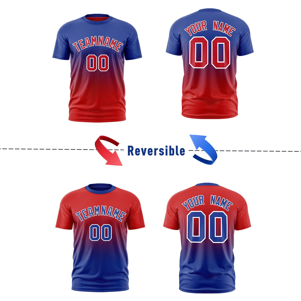 Custom Red Royal Blue Gradient Fashion Reversible Lightweight T-shirt| KXKSHOP