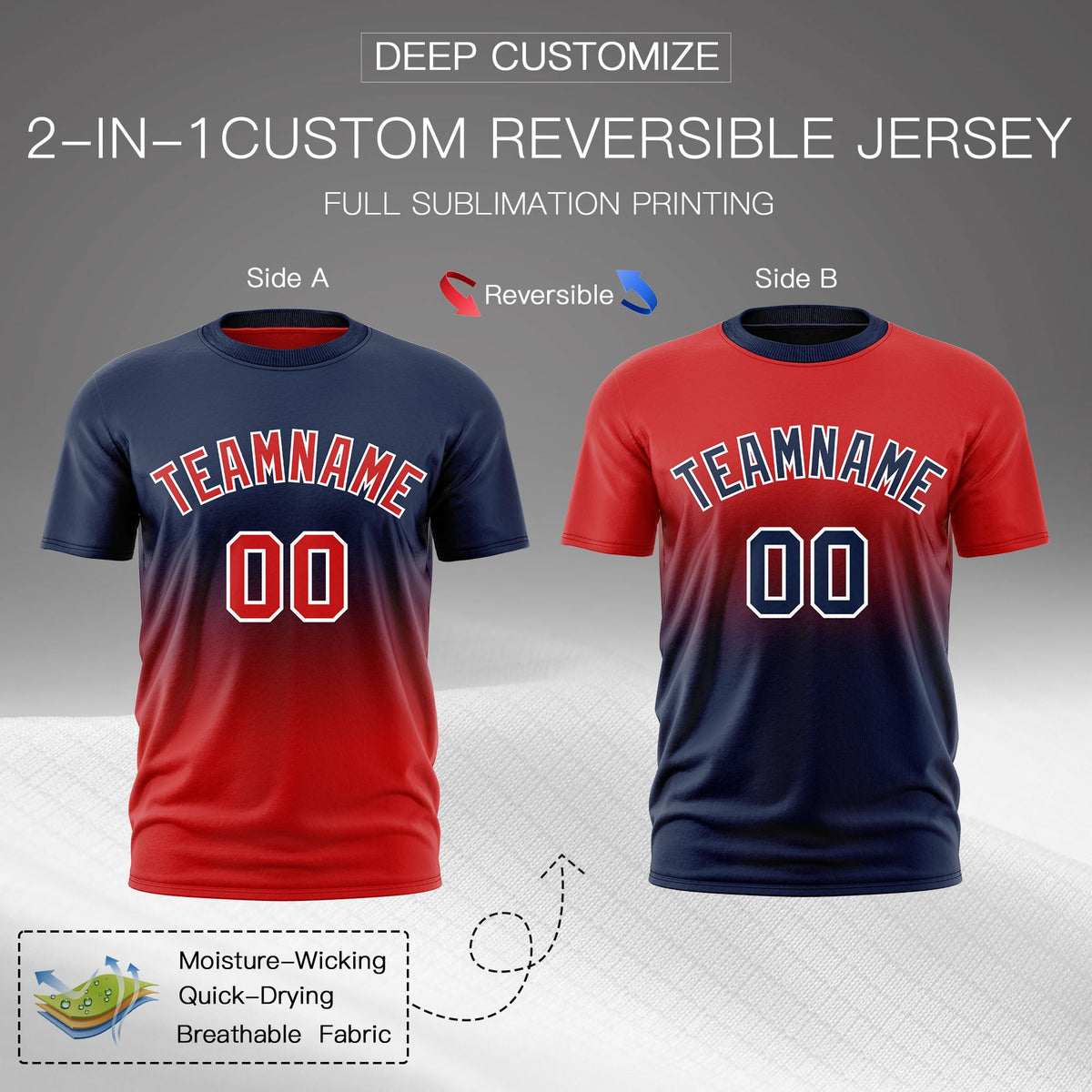 Custom Red Navy Gradient Fashion Reversible Quick Dry T-shirt| KXKSHOP