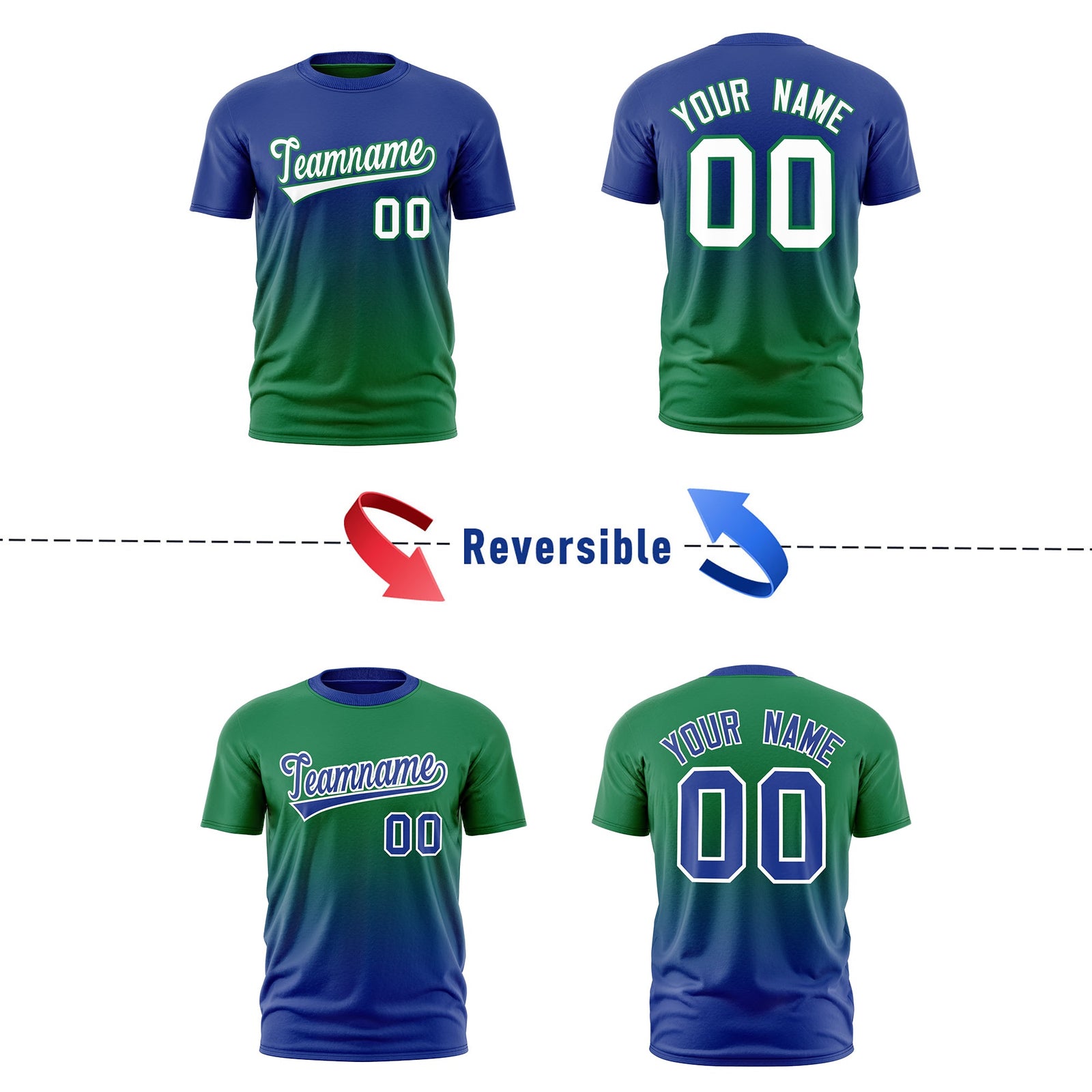 Custom Kelly Green Royal Blue Gradient Fashion Reversible Lightweight T-shirt| KXKSHOP