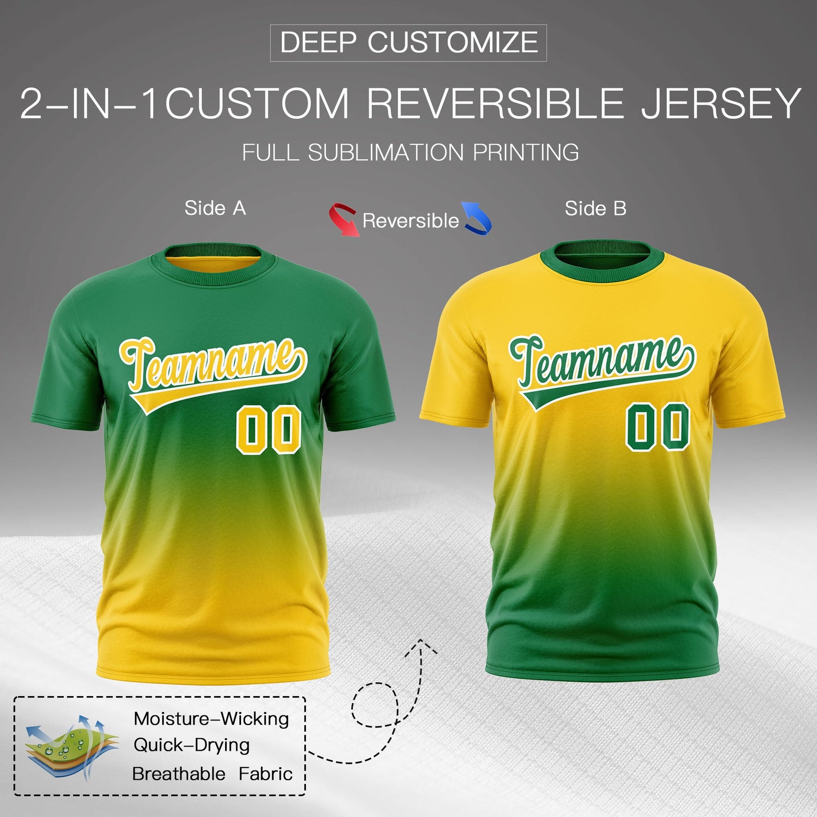 Custom Kelly Green Gold Gradient Fashion Reversible Lightweight T-shirt| KXKSHOP