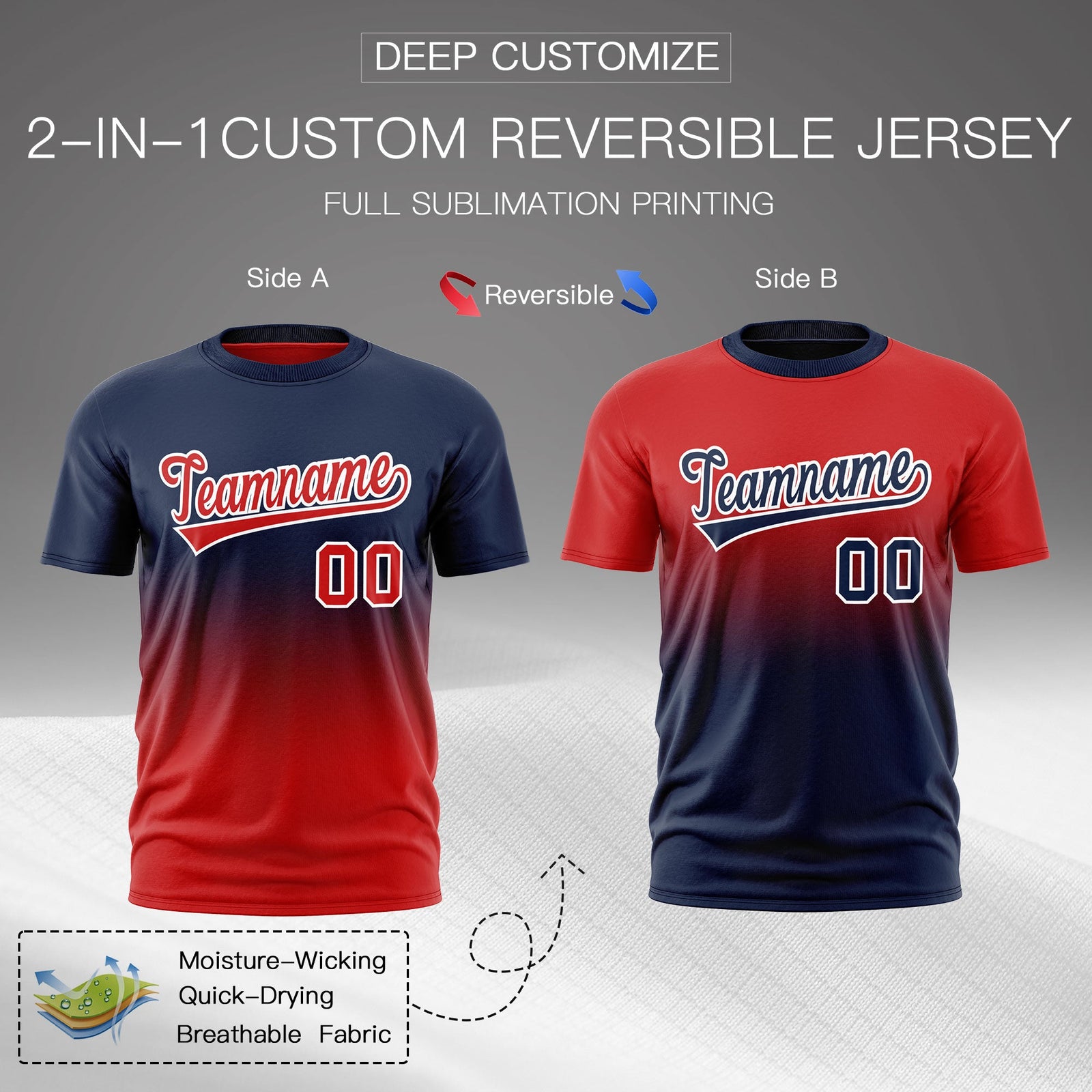 Custom Red Navy Gradient Fashion Reversible Quick Dry T-shirt| KXKSHOP