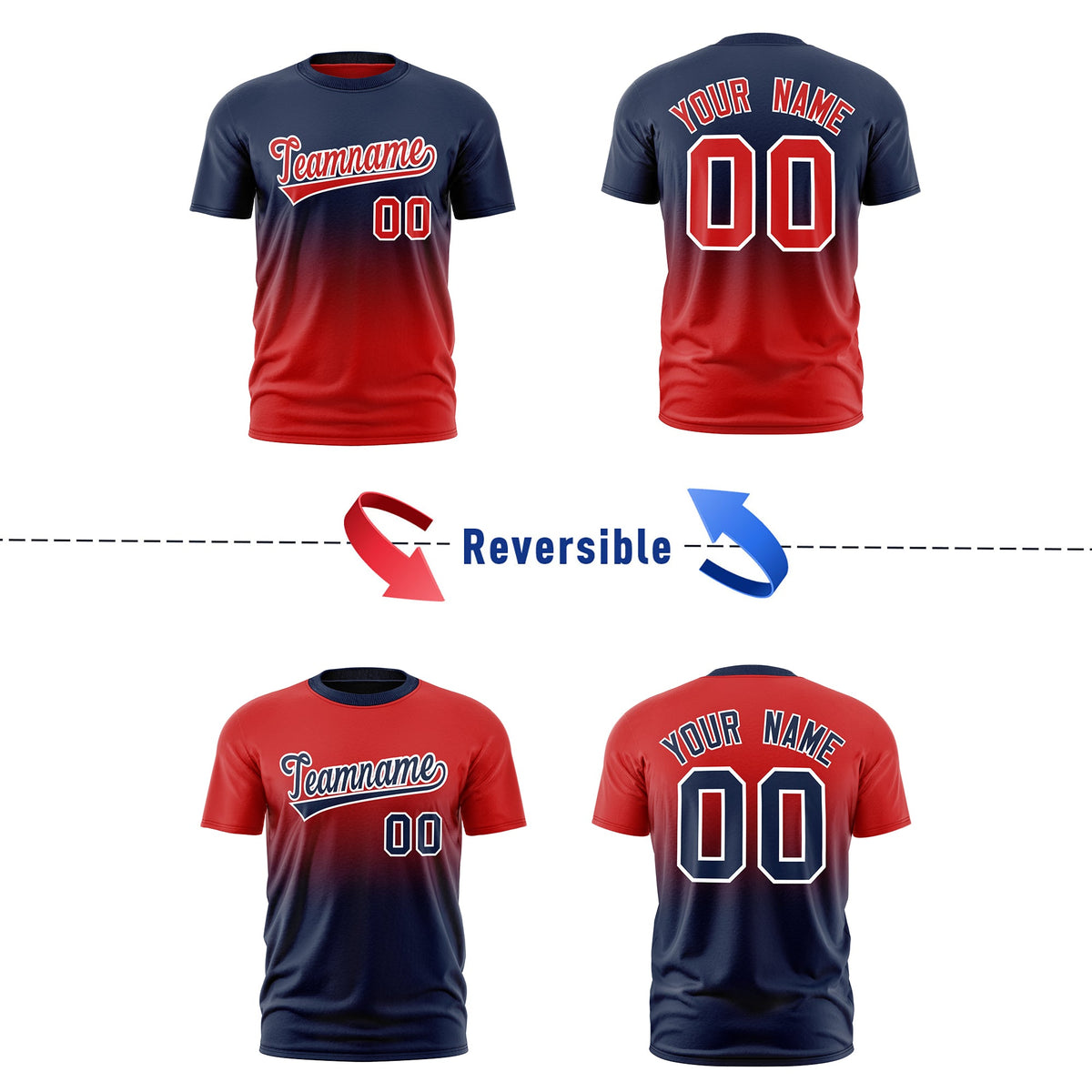 Custom Red Navy Gradient Fashion Reversible Quick Dry T-shirt| KXKSHOP
