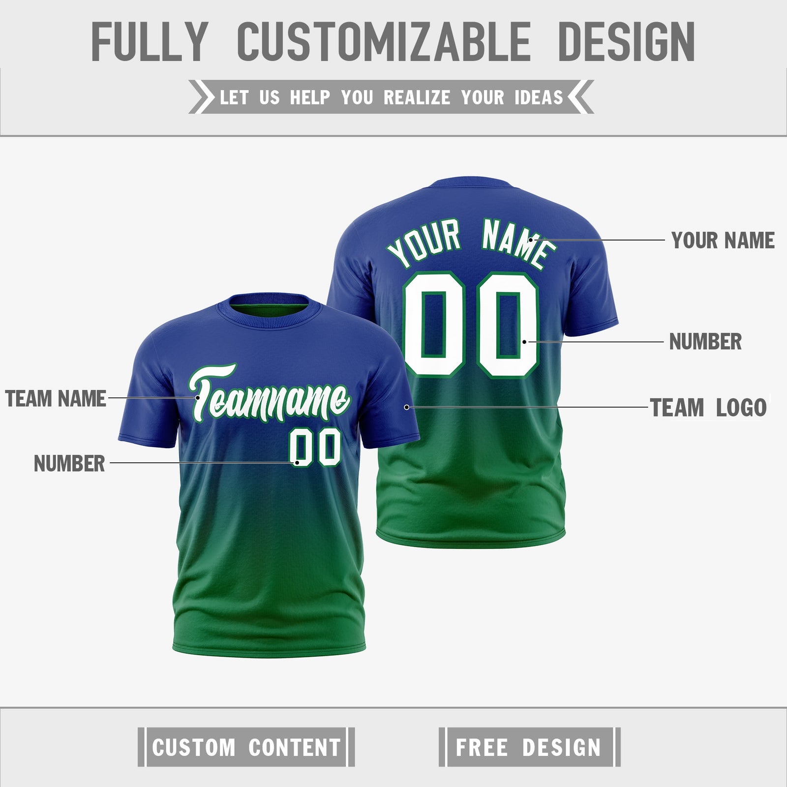 Custom Kelly Green Royal Blue Gradient Fashion Reversible Lightweight T-shirt| KXKSHOP