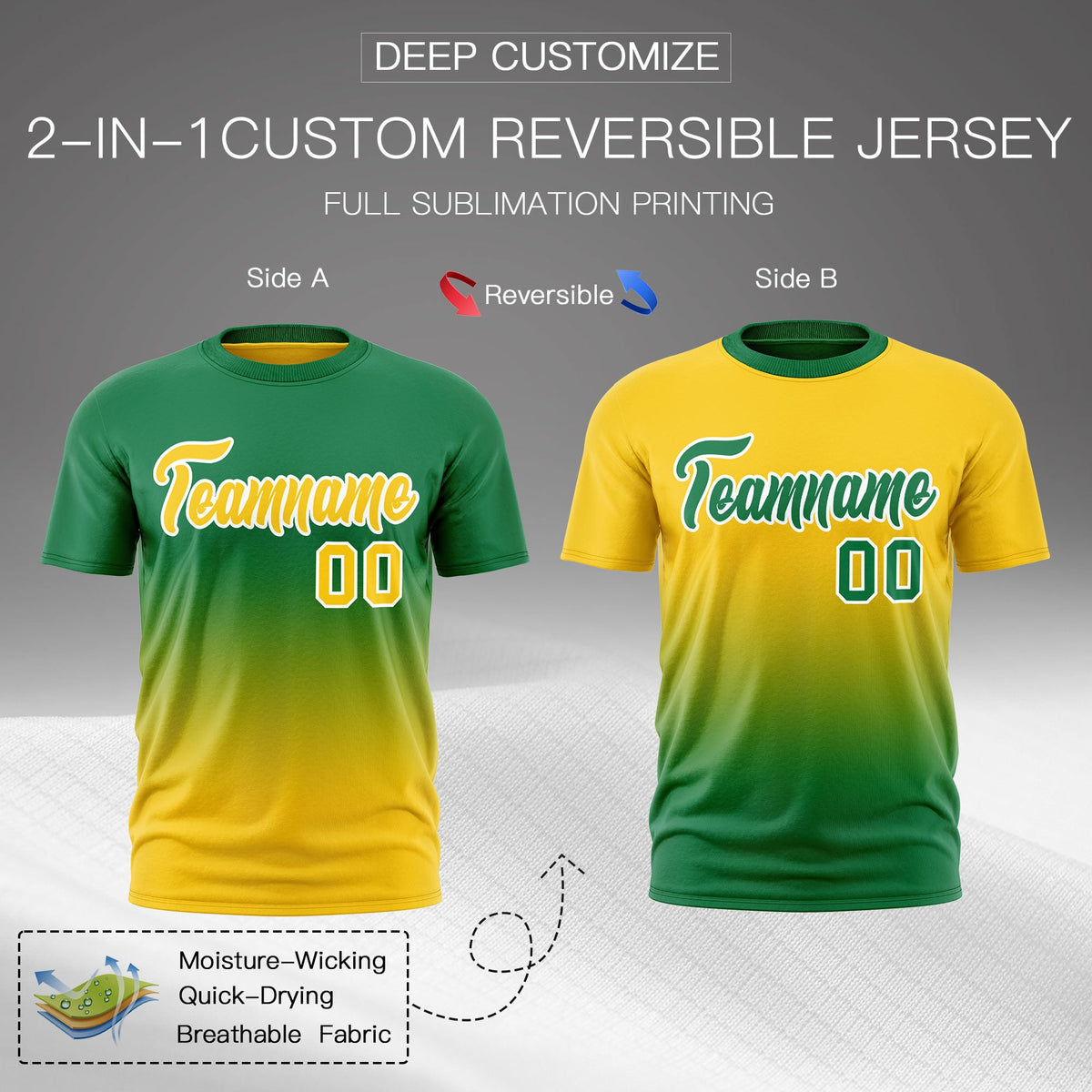 Custom Kelly Green Gold Gradient Fashion Reversible Lightweight T-shirt| KXKSHOP