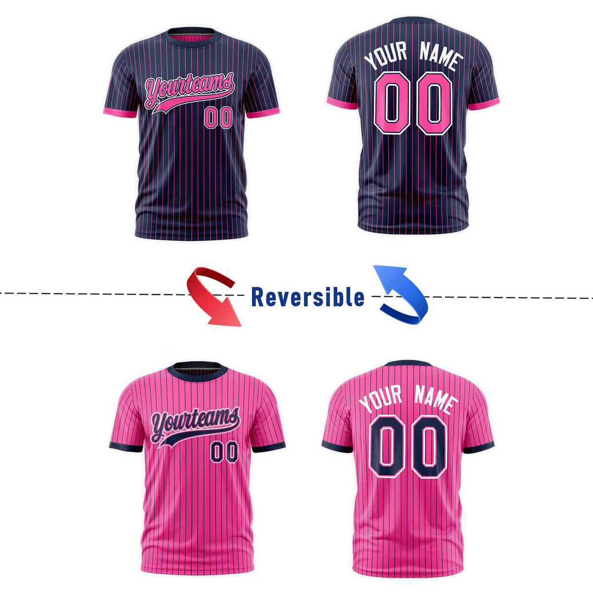 Custom Pink Navy White Reversible Stripe Fashion T-shirt| KXKSHOP