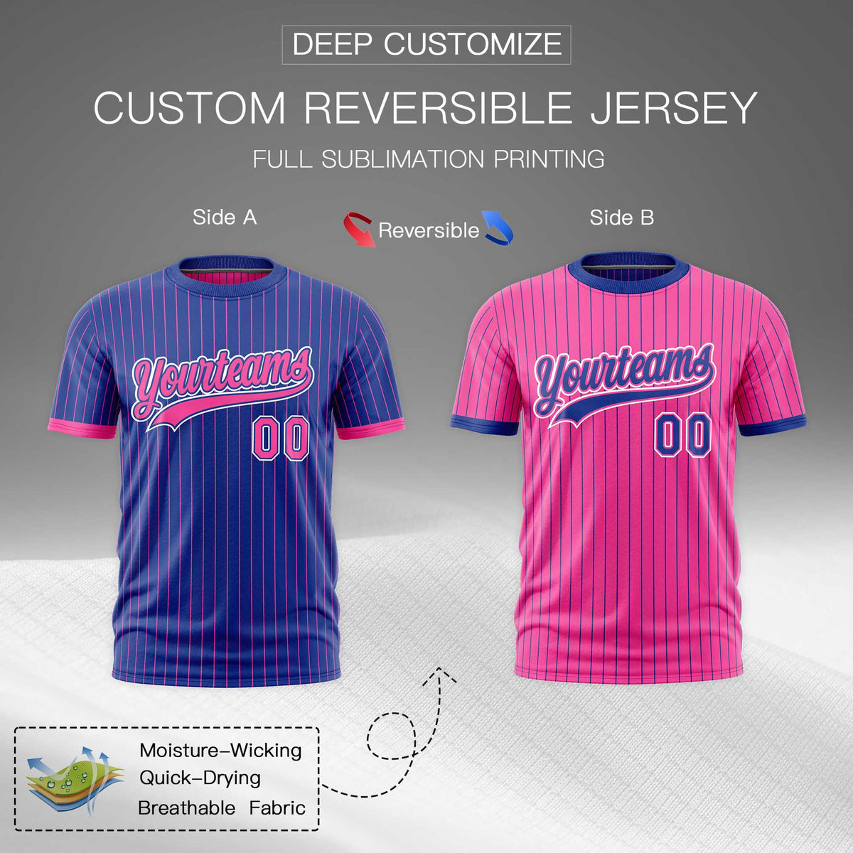 Custom Pink Royal Blue White Reversible Stripe Fashion T-shirt| KXKSHOP