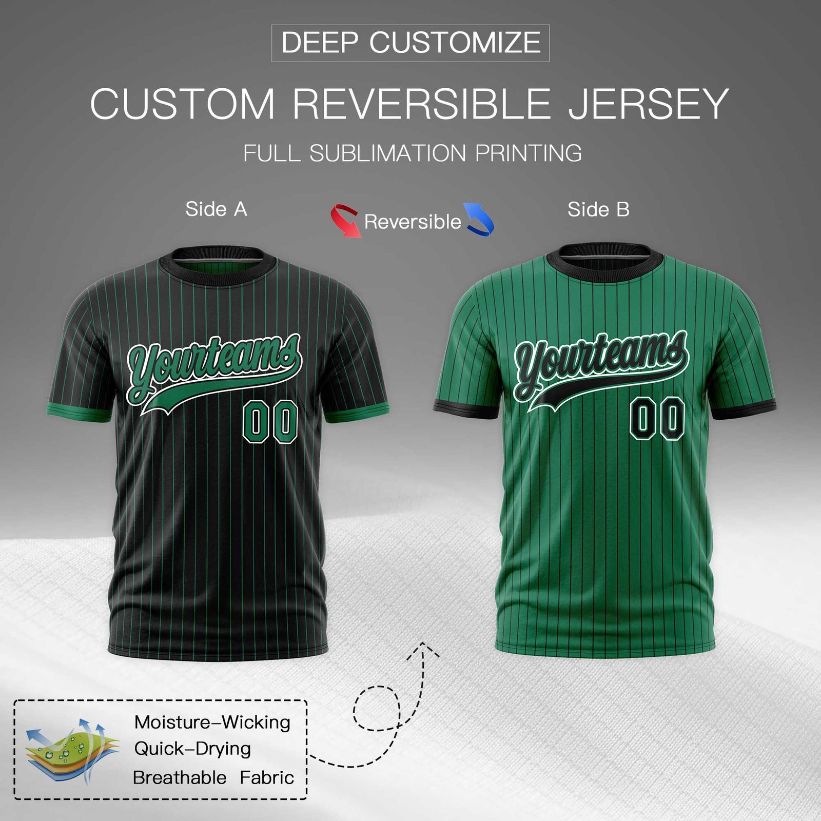 Custom Kelly Green Black White Reversible Stripe Fashion T-shirt| KXKSHOP