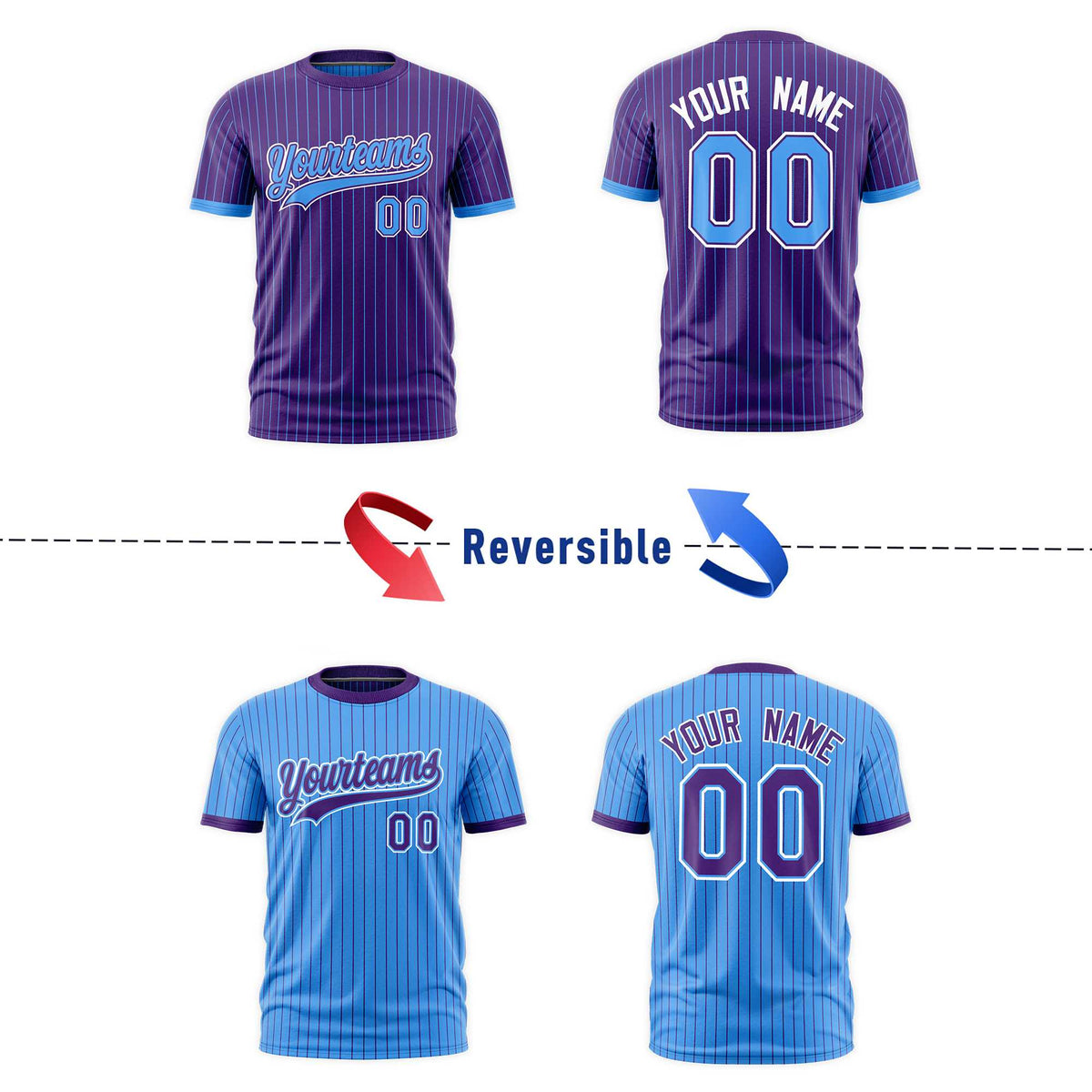 Custom Powder Blue Purple White Reversible Stripe Fashion T-shirt| KXKSHOP
