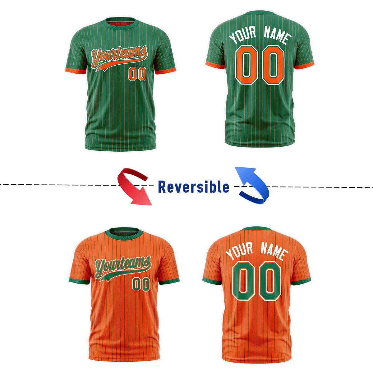Custom Orange Kelly Green White Reversible Stripe Fashion T-shirt| KXKSHOP