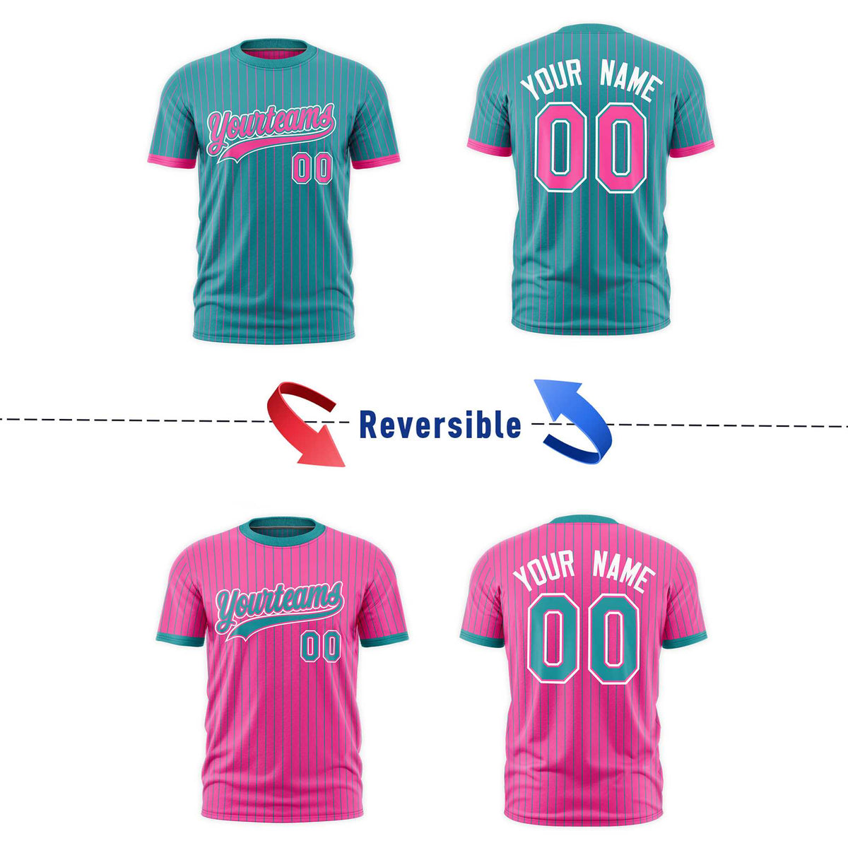 Custom Pink Aqua White Reversible Stripe Fashion T-shirt| KXKSHOP