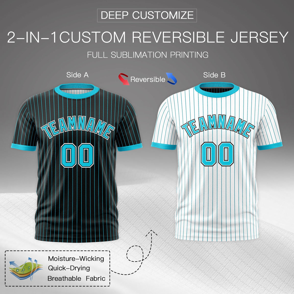 Custom Sky Blue Black White Reversible Stripe Fashion T-shirt| KXKSHOP