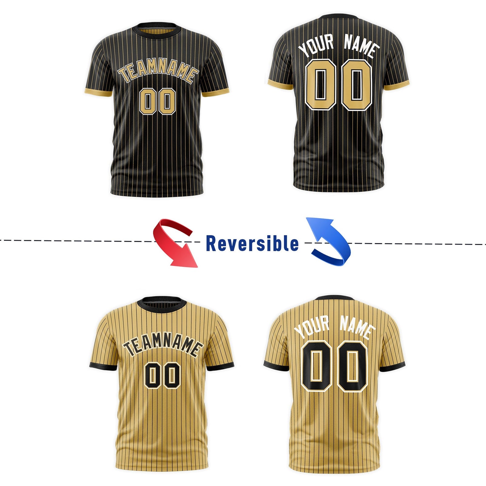 Custom Old Gold Black White Reversible Stripe Fashion T-shirt| KXKSHOP