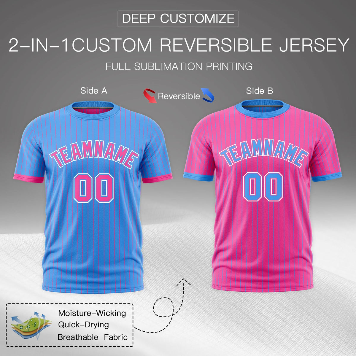 Custom Pink Powder Blue White Reversible Stripe Fashion T-shirt| KXKSHOP