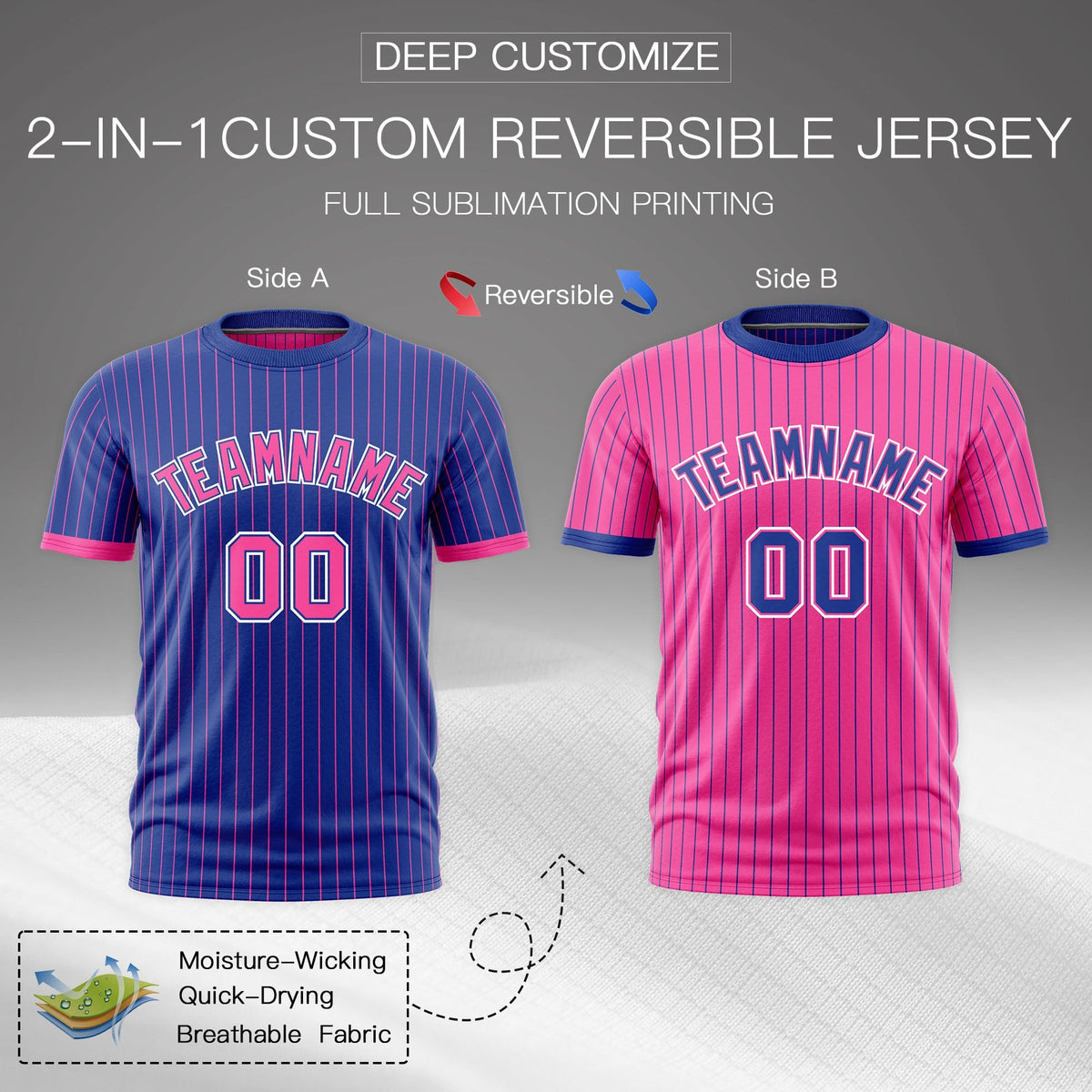 Custom Pink Royal Blue White Reversible Stripe Fashion T-shirt| KXKSHOP