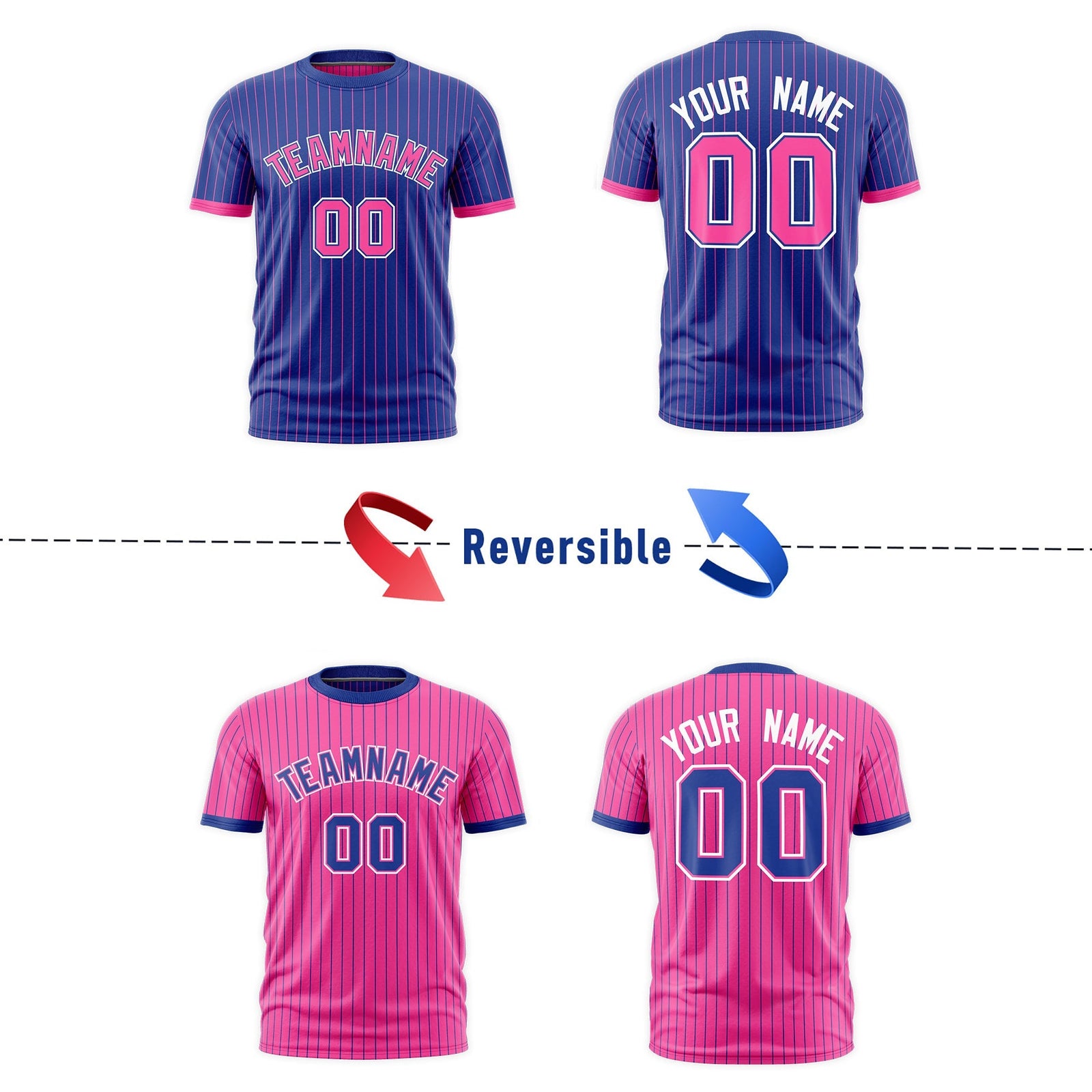 Custom Pink Royal Blue White Reversible Stripe Fashion T-shirt| KXKSHOP