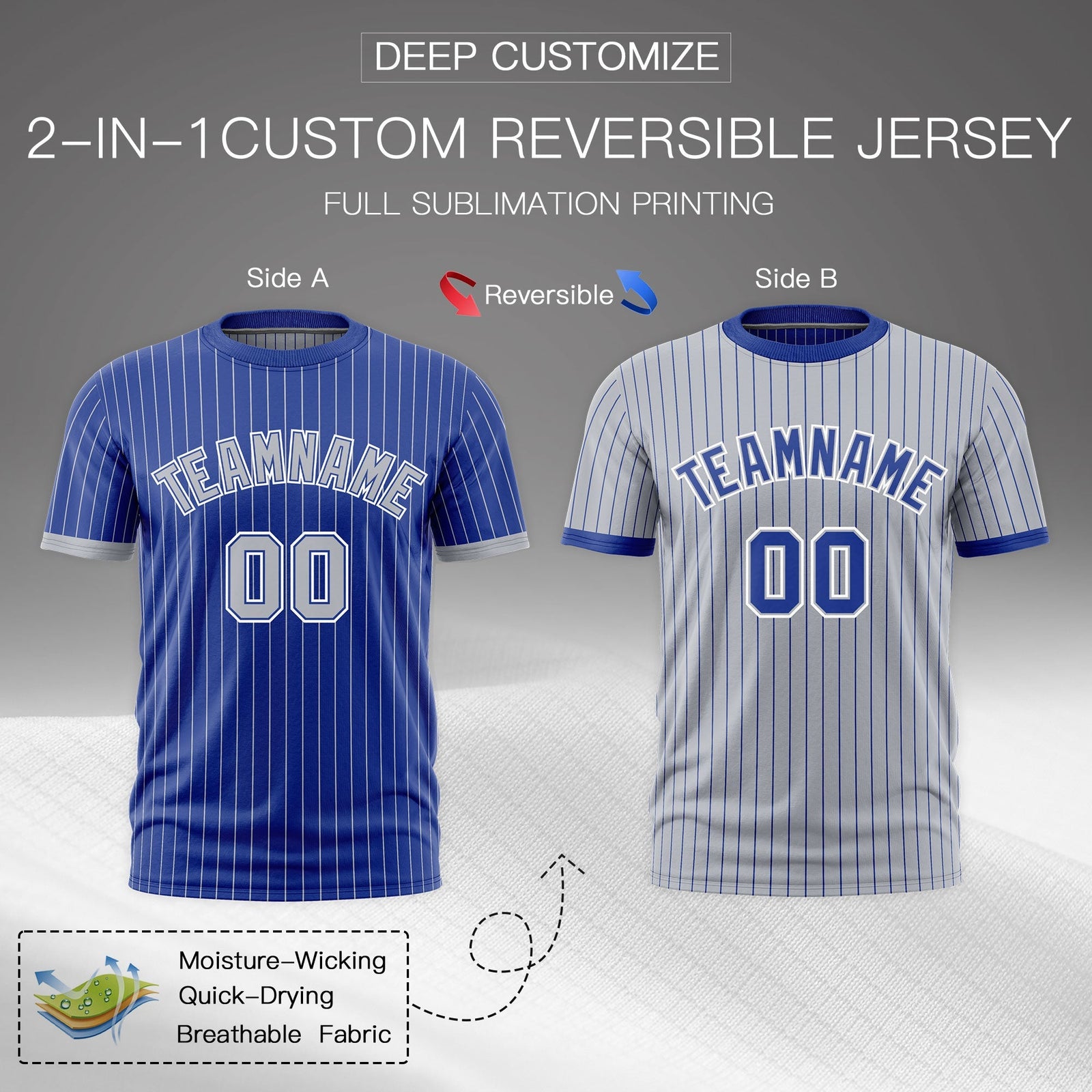 Custom Silver Royal Blue White Reversible Stripe Fashion T-shirt| KXKSHOP