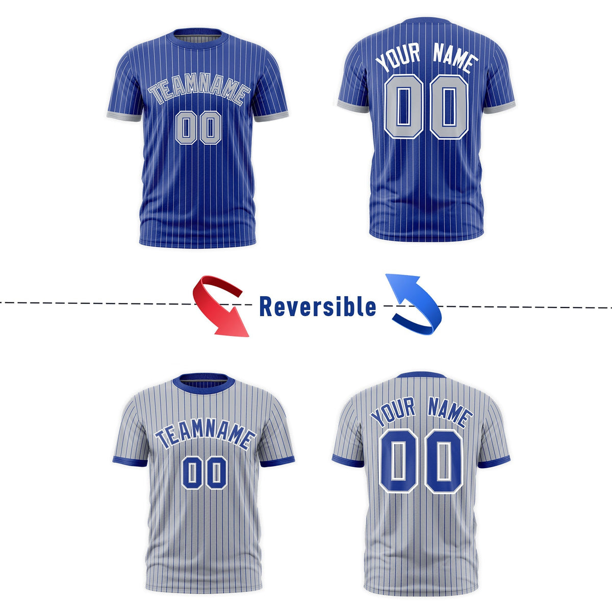 Custom Silver Royal Blue White Reversible Stripe Fashion T-shirt| KXKSHOP