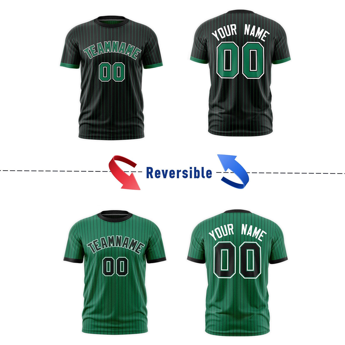 Custom Kelly Green Black White Reversible Stripe Fashion T-shirt| KXKSHOP