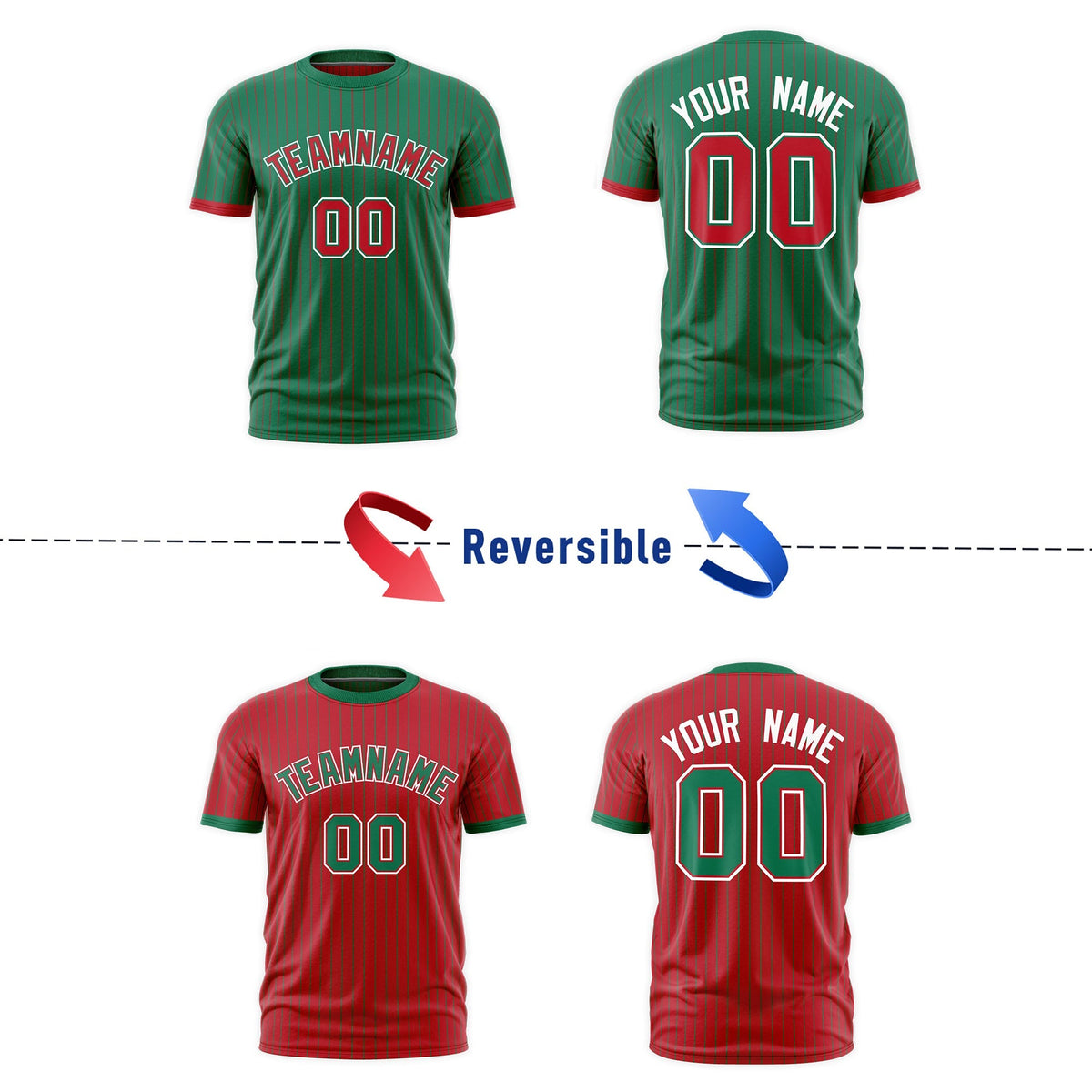 Custom Red Kelly Green White Reversible Stripe Fashion T-shirt| KXKSHOP