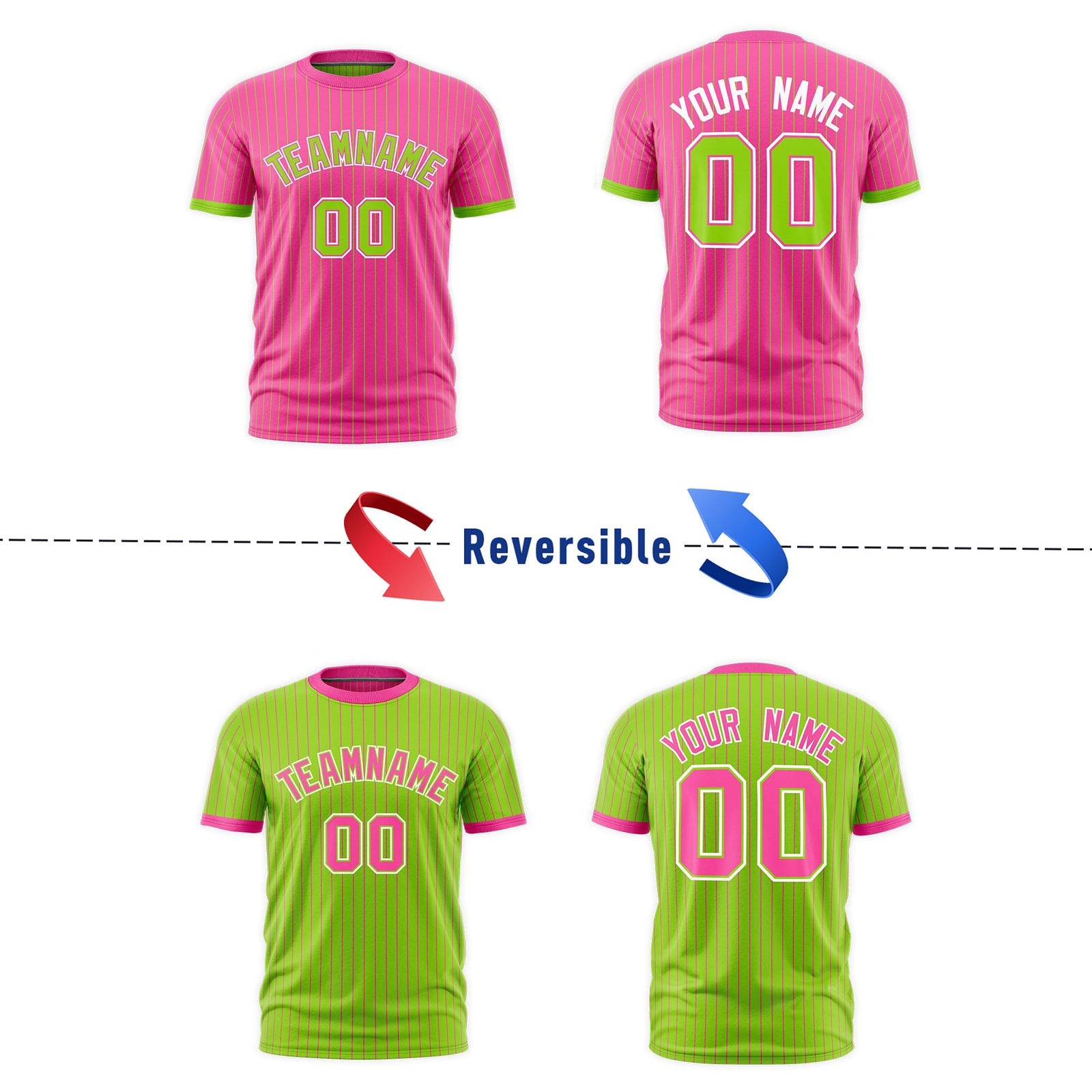 Custom Neon Green Pink White Reversible Stripe Fashion T-shirt| KXKSHOP
