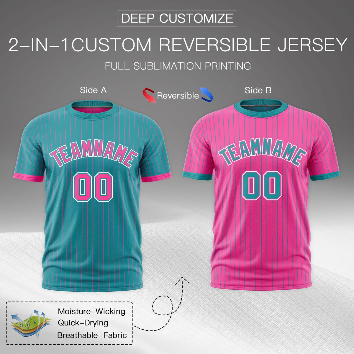 Custom Pink Aqua White Reversible Stripe Fashion T-shirt| KXKSHOP
