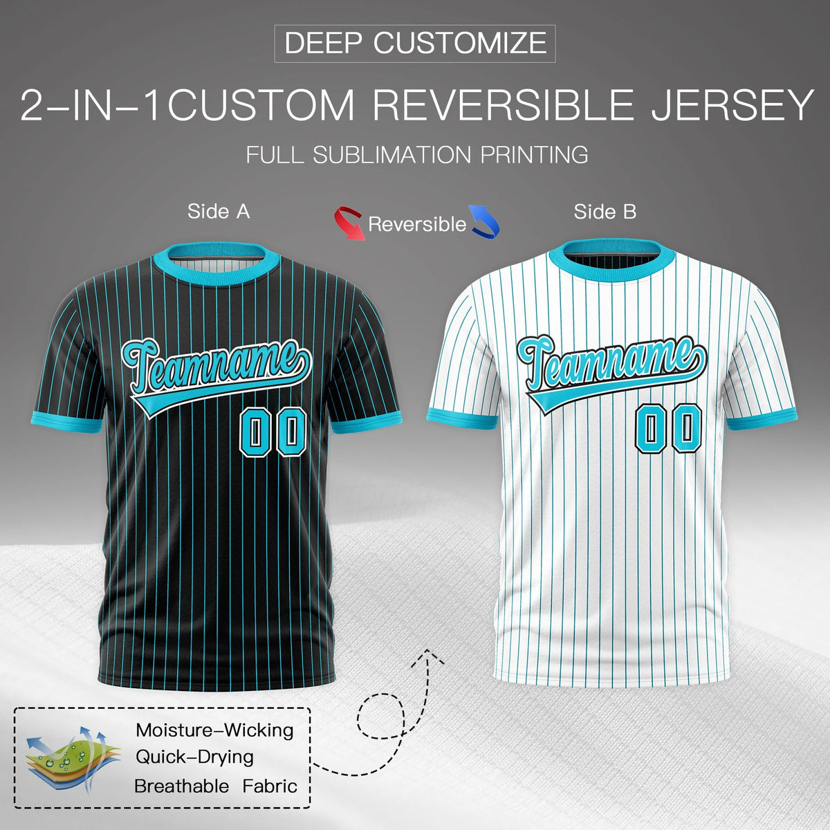 Custom Sky Blue Black White Reversible Stripe Fashion T-shirt| KXKSHOP