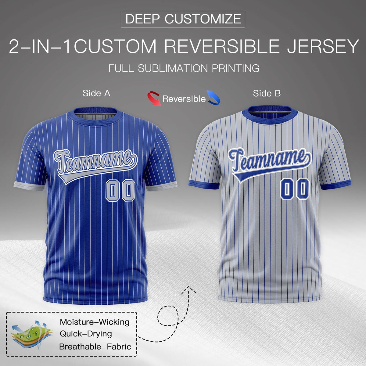 Custom Silver Royal Blue White Reversible Stripe Fashion T-shirt| KXKSHOP
