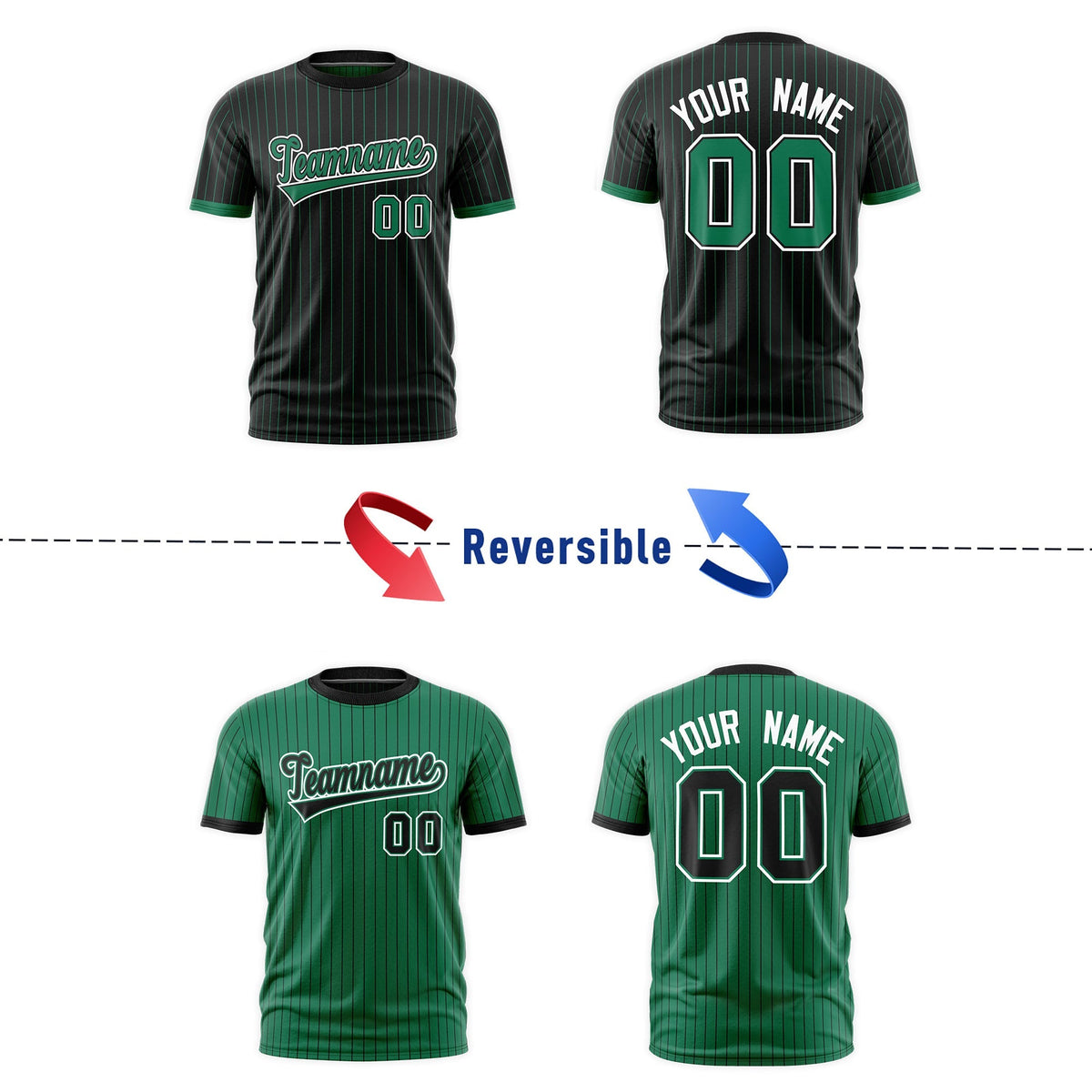 Custom Kelly Green Black White Reversible Stripe Fashion T-shirt| KXKSHOP