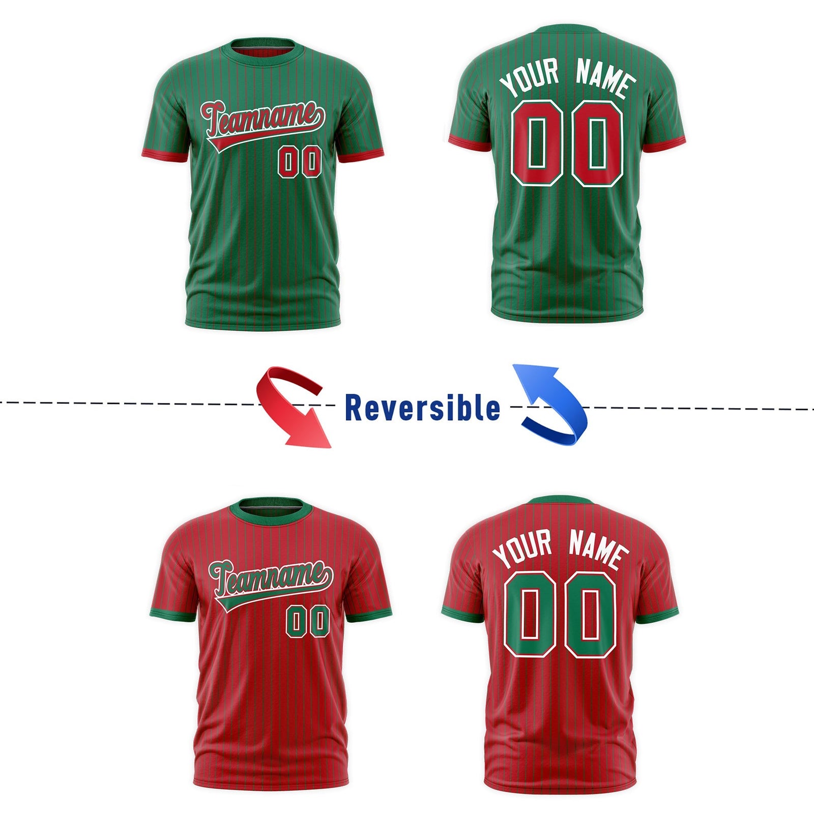 Custom Red Kelly Green White Reversible Stripe Fashion T-shirt| KXKSHOP