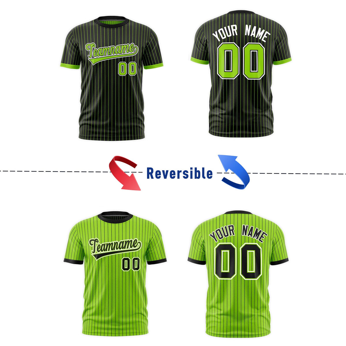Custom Neon Green Black White Reversible Stripe Fashion T-shirt| KXKSHOP