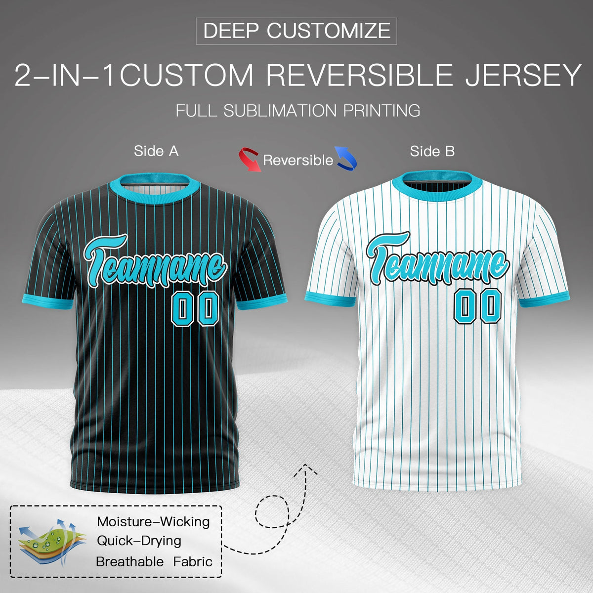 Custom Sky Blue Black White Reversible Stripe Fashion T-shirt| KXKSHOP