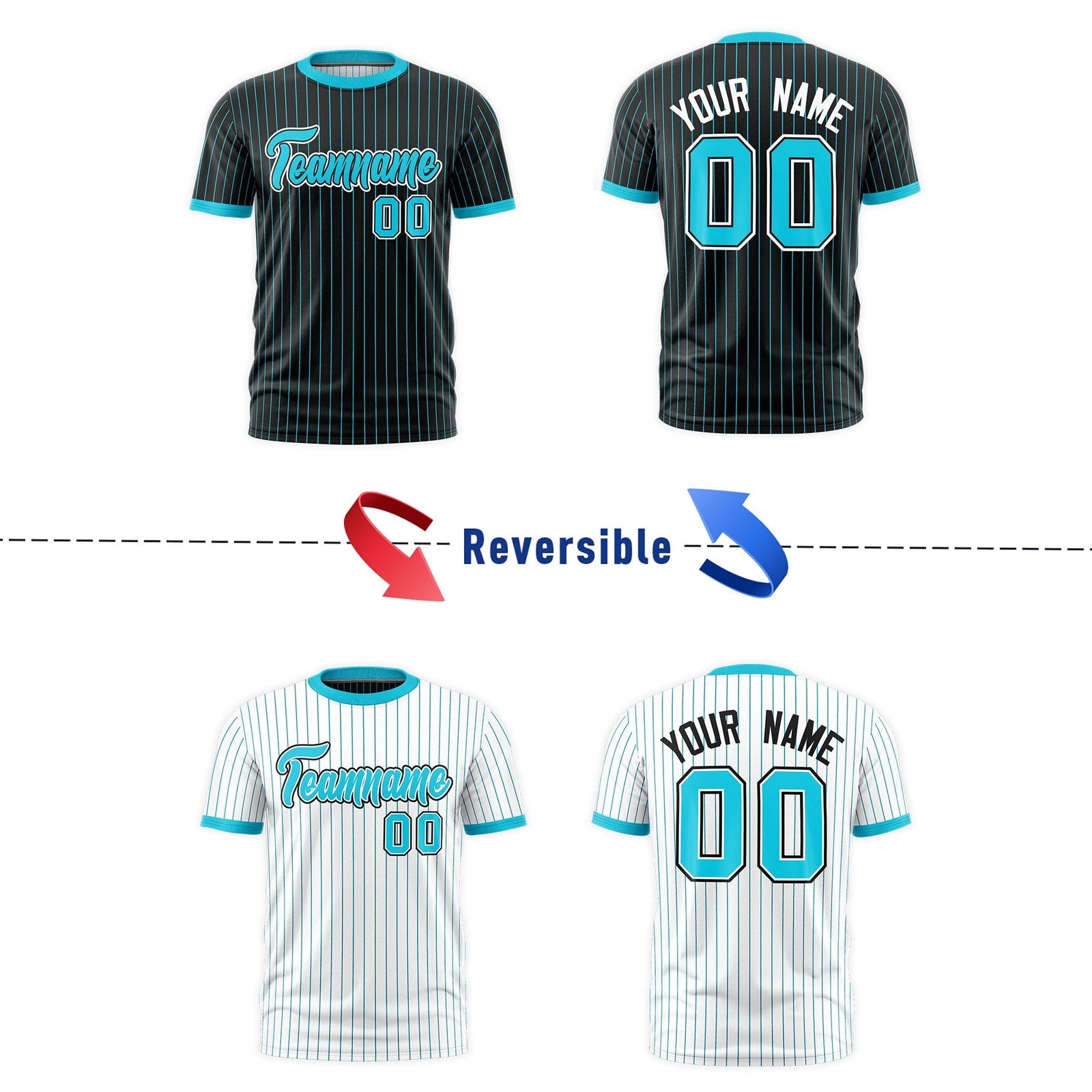 Custom Sky Blue Black White Reversible Stripe Fashion T-shirt| KXKSHOP