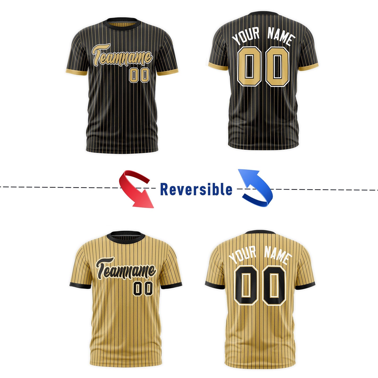 Custom Old Gold Black White Reversible Stripe Fashion T-shirt| KXKSHOP