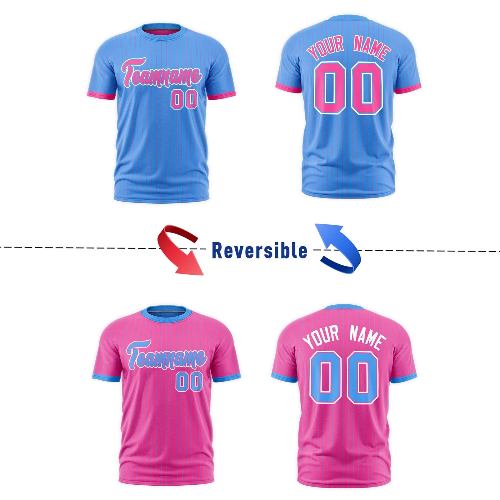 Custom Pink Powder Blue White Reversible Stripe Fashion T-shirt| KXKSHOP