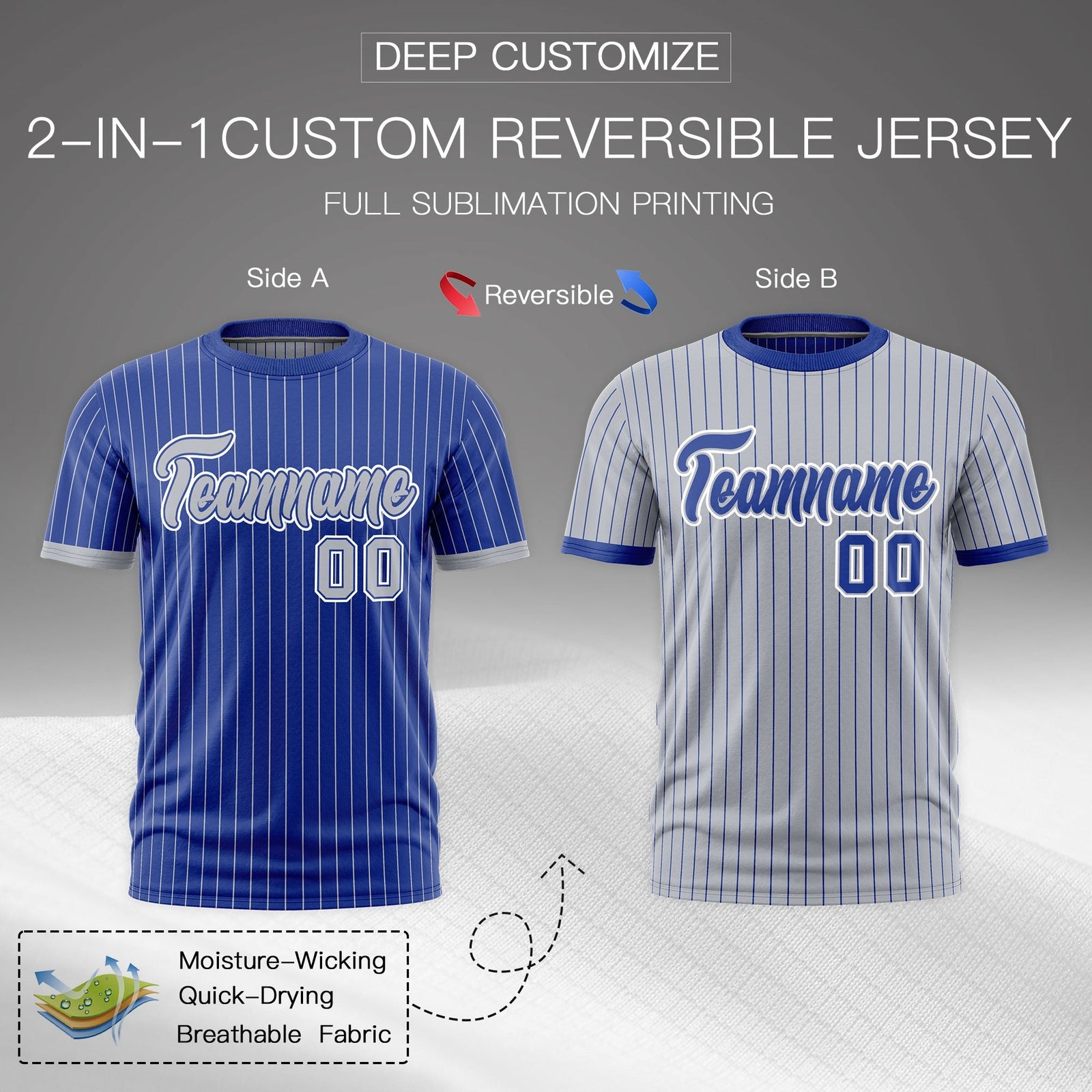 Custom Silver Royal Blue White Reversible Stripe Fashion T-shirt| KXKSHOP