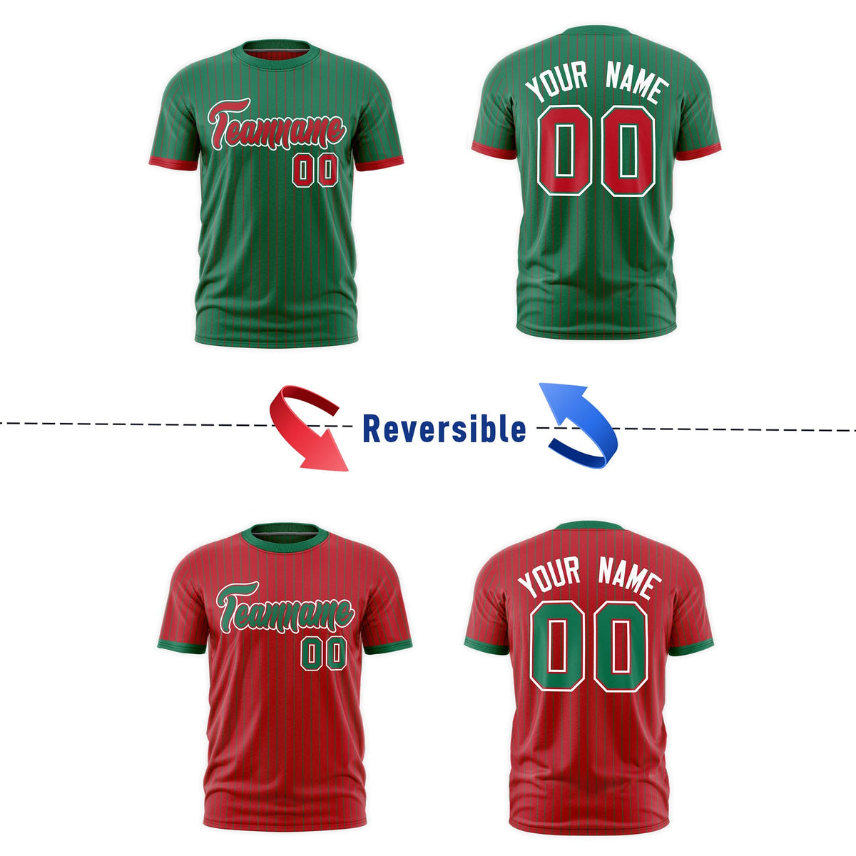 Custom Red Kelly Green White Reversible Stripe Fashion T-shirt| KXKSHOP