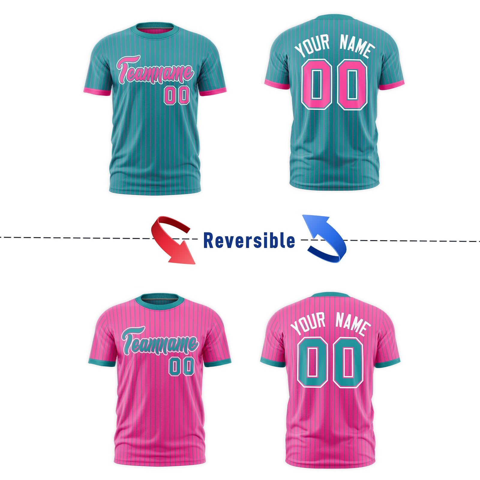 Custom Pink Aqua White Reversible Stripe Fashion T-shirt| KXKSHOP
