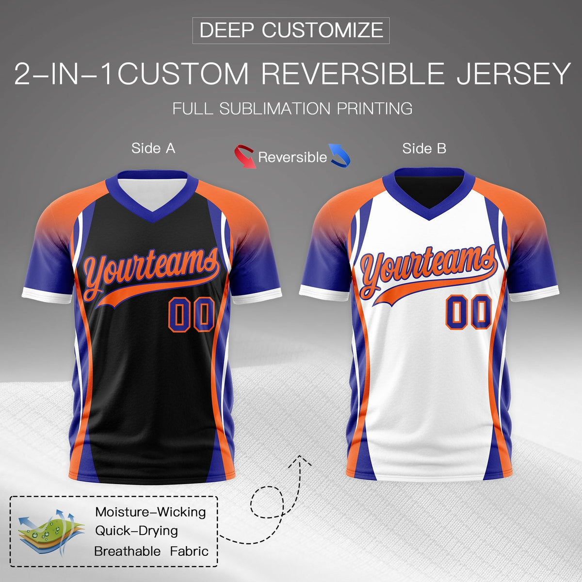 Custom Black Orange Royal Blue Reversible Wrinkle-Resistant T-shirt| KXKSHOP