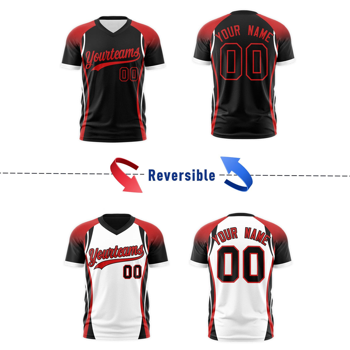 Custom Black Red White Reversible Wrinkle-Resistant T-shirt| KXKSHOP