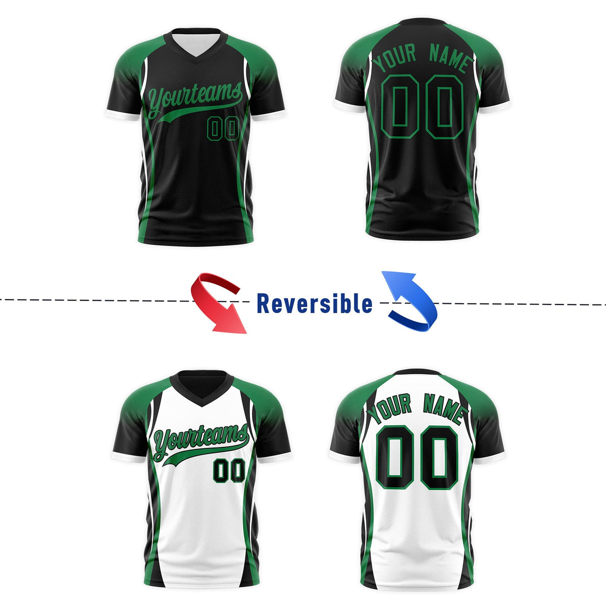 Custom Black Kelly Green White Reversible Breathable T-shirt| KXKSHOP